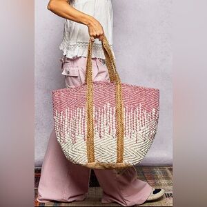 POL pink Kantha quilted woven ombré dotted embroidered Large boho tote bag